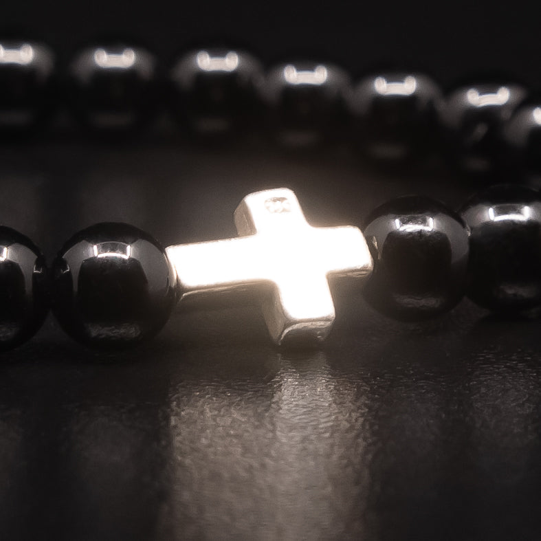 POLISHED BLACK ONYX BRACELET WITH STERLING SILVER CROSS