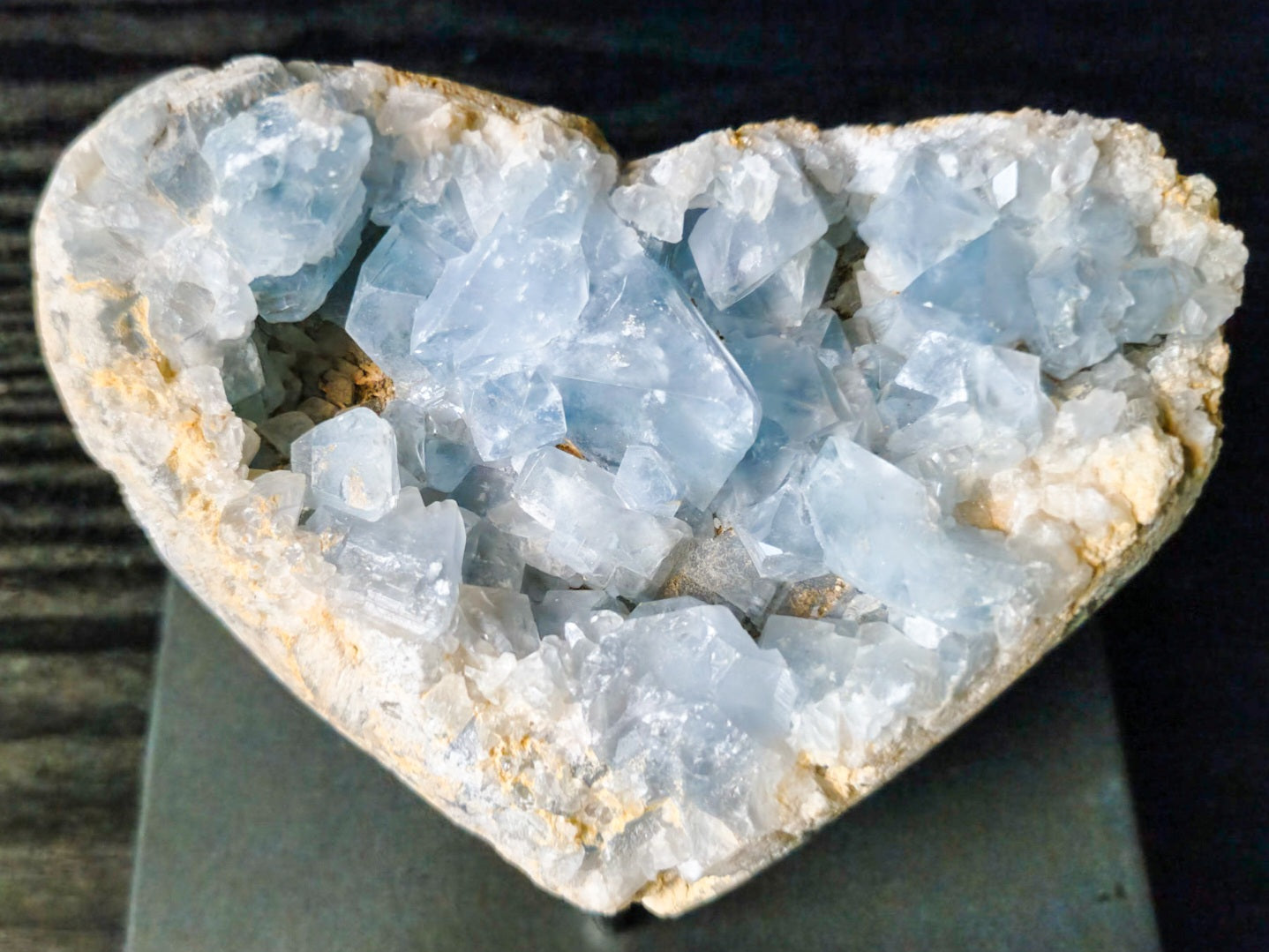 Celestite Crystal Geode Shaped like a heart