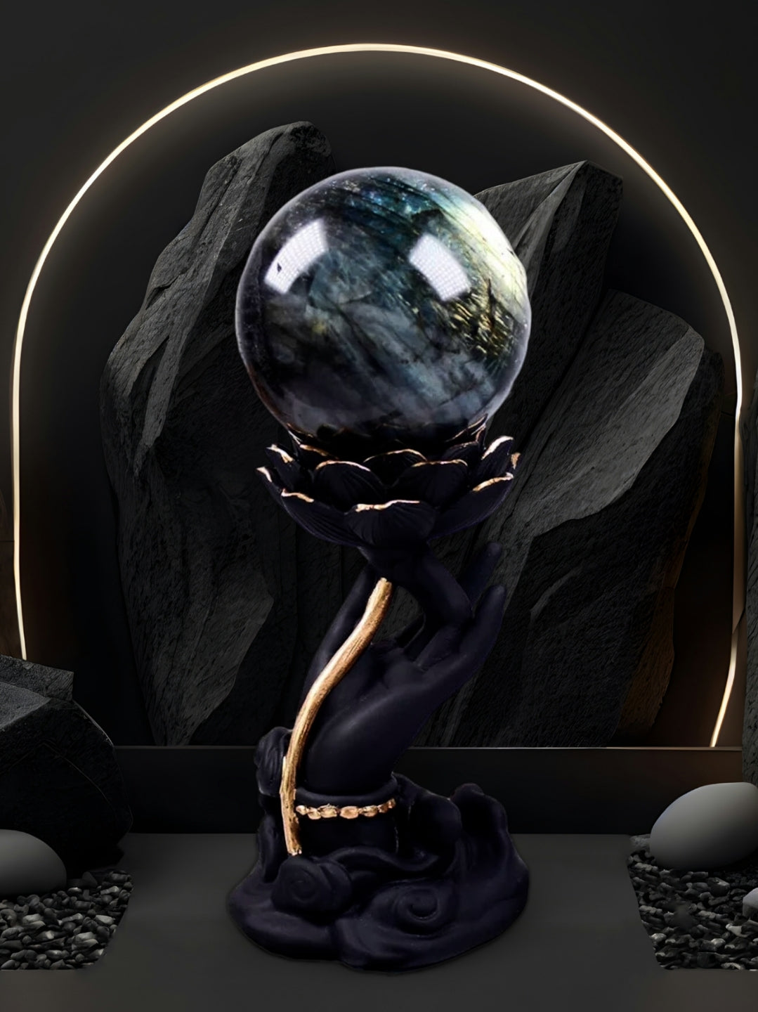 Labradorite Crystal Ball on Lotus Statue