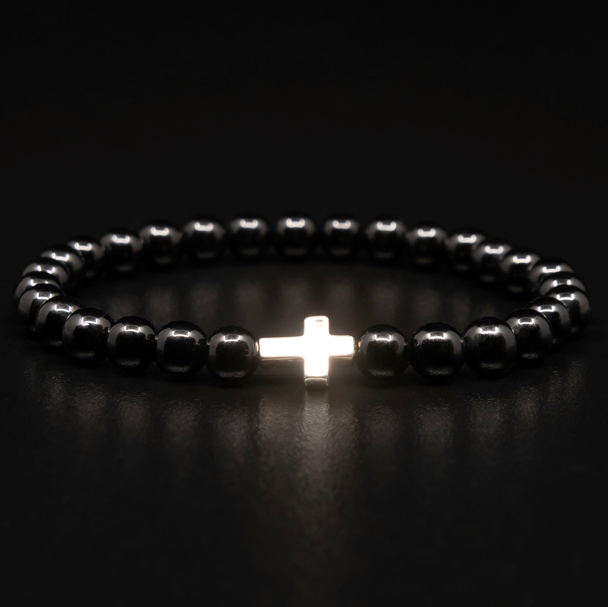 POLISHED BLACK ONYX BRACELET WITH STERLING SILVER CROSS